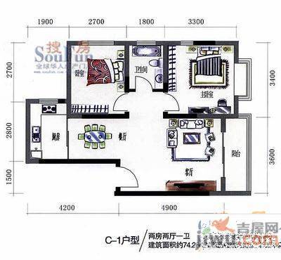 安然辰龙公寓2室1厅1卫62.5㎡户型图