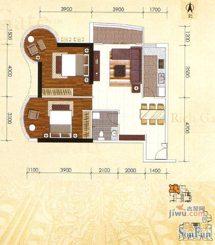 盛世凯旋宫2室2厅1卫107.2㎡户型图