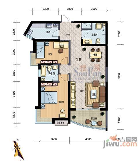 良志嘉年华2室2厅2卫134.3㎡户型图