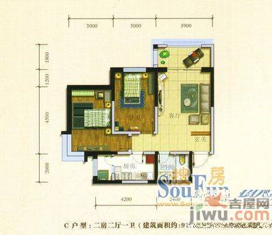 兰雅小区3室2厅1卫91.8㎡户型图