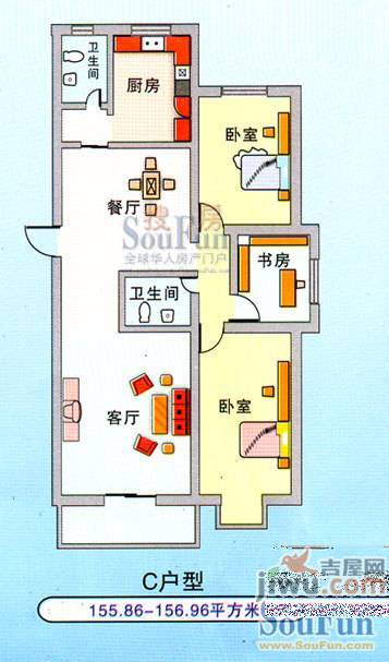 慧泽苑3室2厅2卫155.9㎡户型图