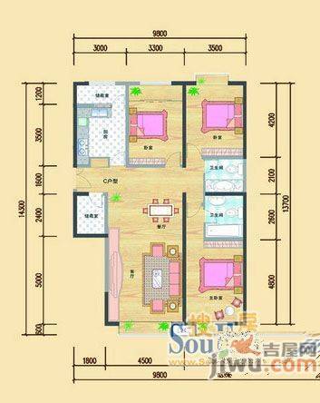 雅筑小区3室2厅2卫户型图