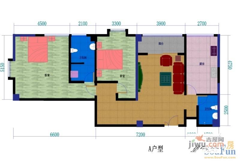 祁连山宇臻大厦2室2厅2卫141.3㎡户型图