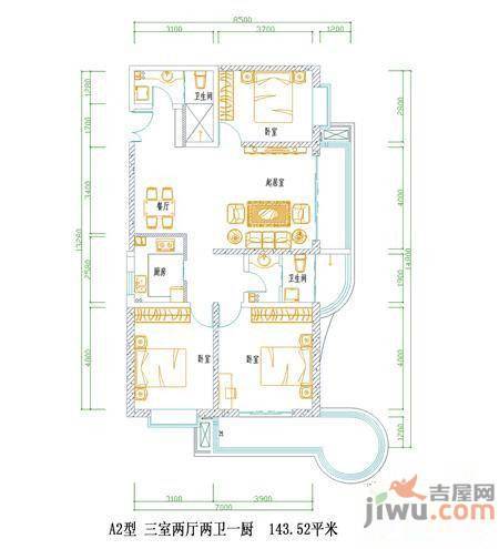 飞天世纪新城3室2厅2卫143.5㎡户型图