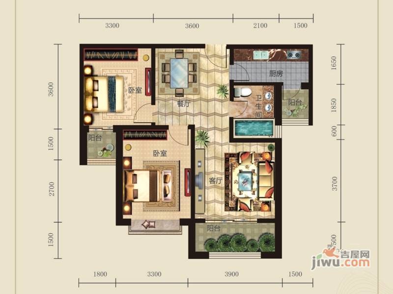 中国铁建·梧桐苑2室2厅1卫95㎡户型图