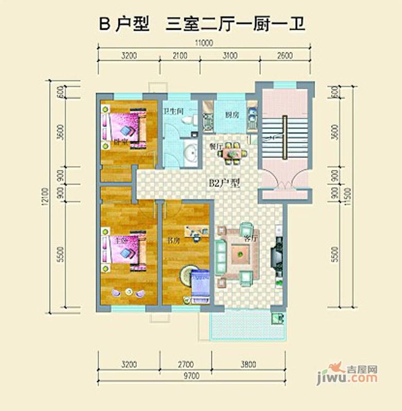 山水龙庭3室2厅1卫119.2㎡户型图