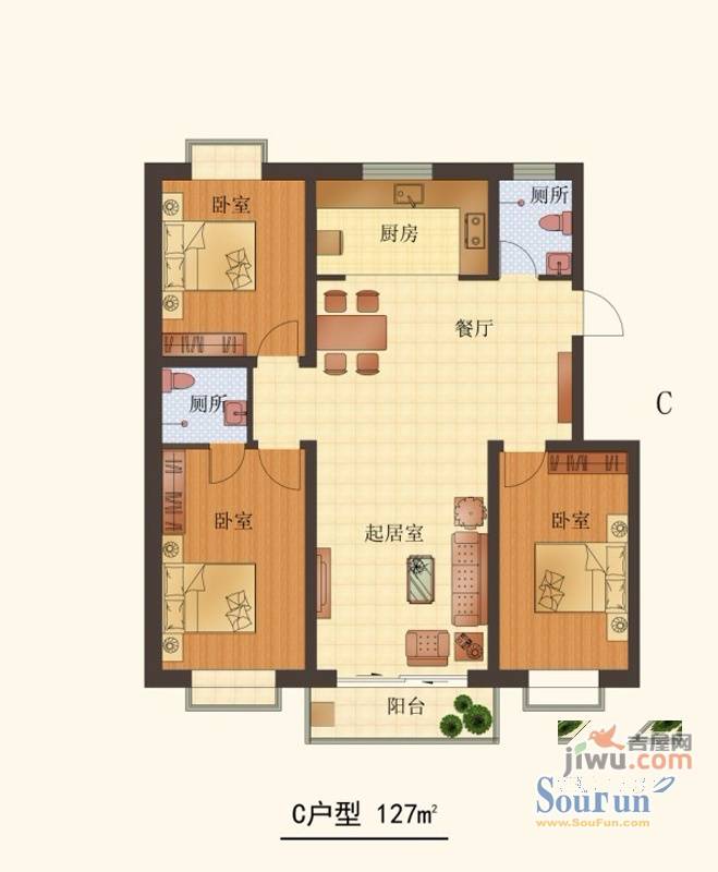 清馨花园3室2厅2卫127㎡户型图