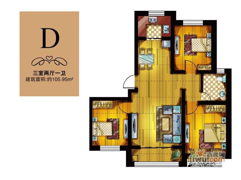 观逸园3室2厅1卫106㎡户型图