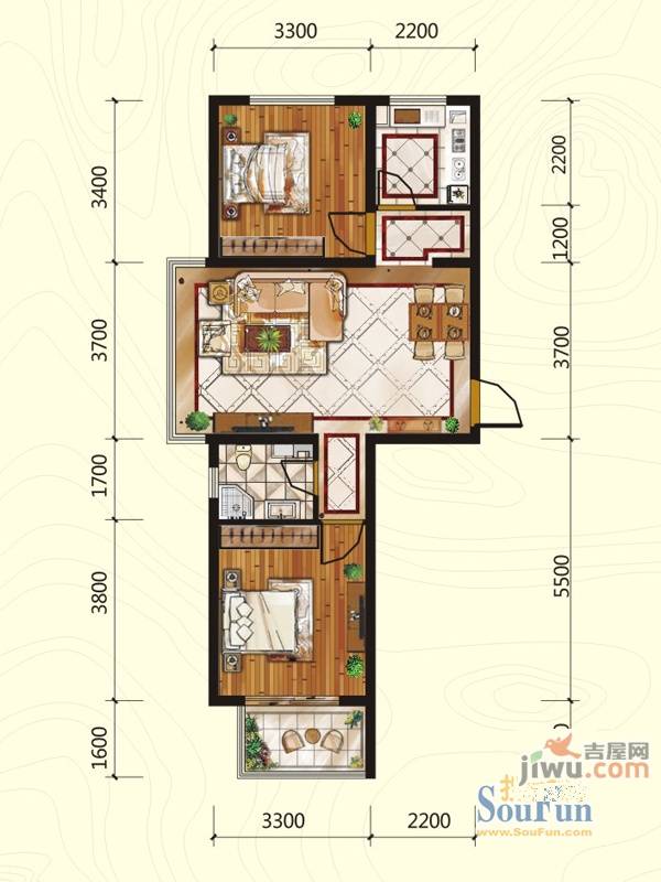 裕庭左庭右院2室2厅1卫86.4㎡户型图