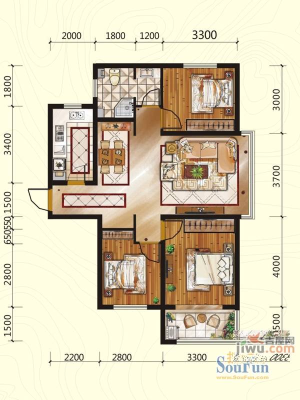 裕庭左庭右院3室2厅1卫109.4㎡户型图