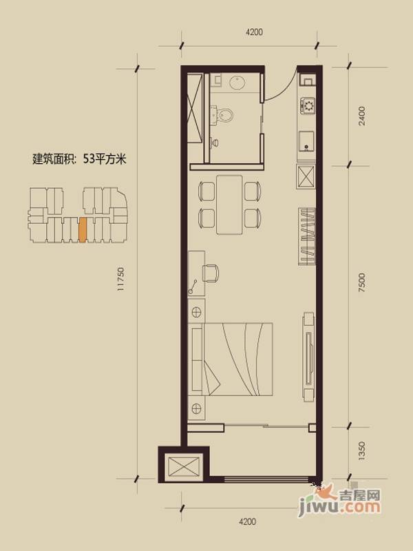 乐城半岛1室1厅1卫53㎡户型图