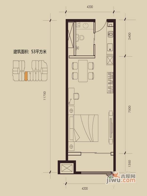 乐城半岛1室1厅1卫53㎡户型图