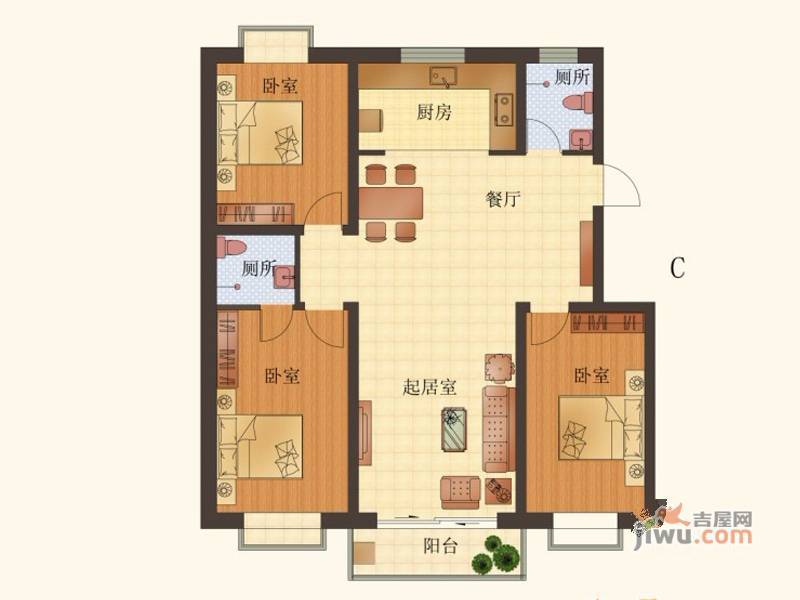 清馨花园3室2厅2卫127㎡户型图