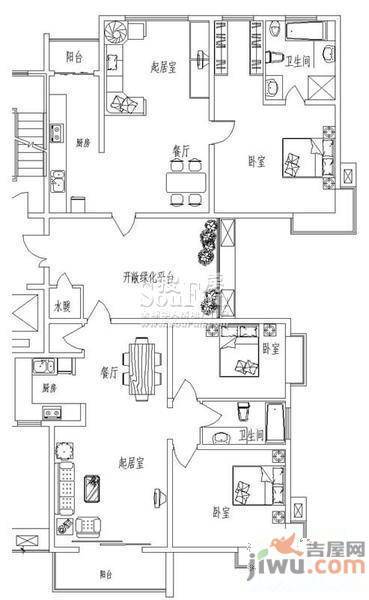 新天地自然康城三期3室2厅2卫90㎡户型图