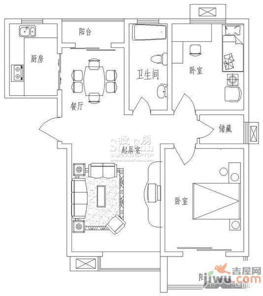 新天地自然康城三期3室2厅2卫90㎡户型图