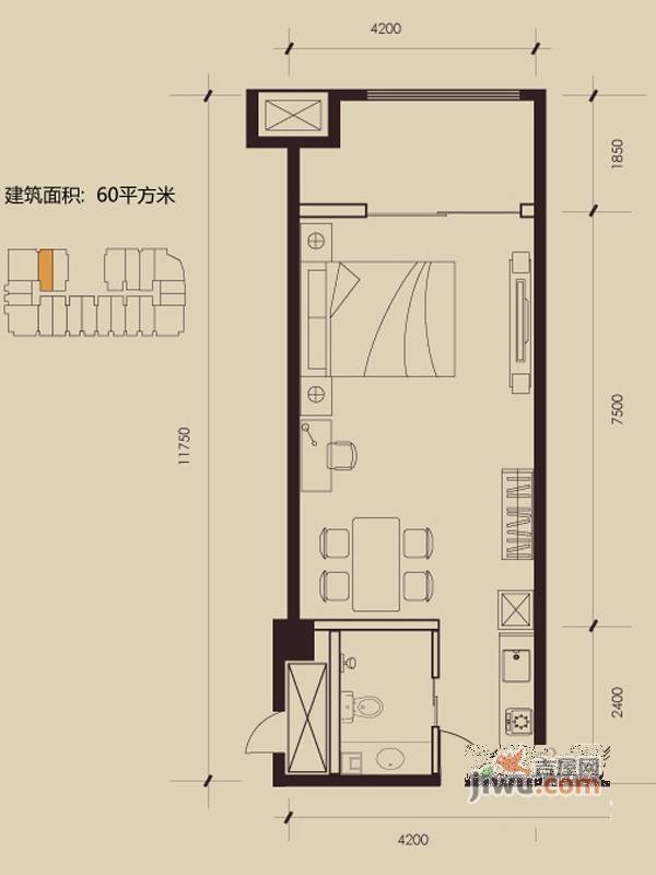 乐城半岛1室1厅1卫60㎡户型图