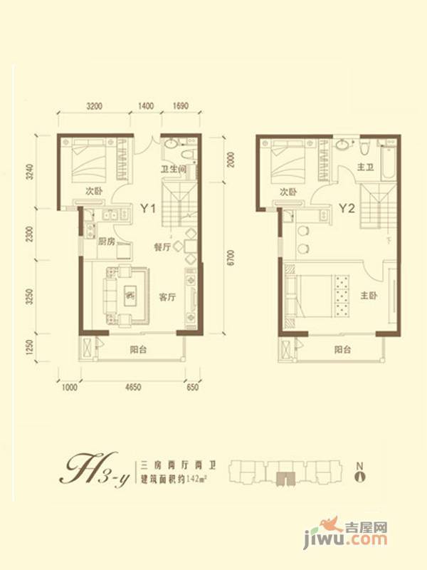 建投十号院3室2厅2卫142㎡户型图