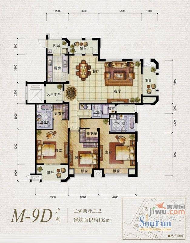 保利湖畔林语3室2厅3卫182㎡户型图