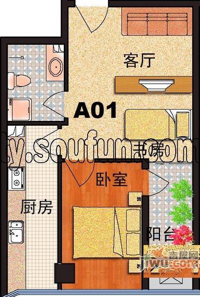 新月国际1室1厅1卫52.1㎡户型图