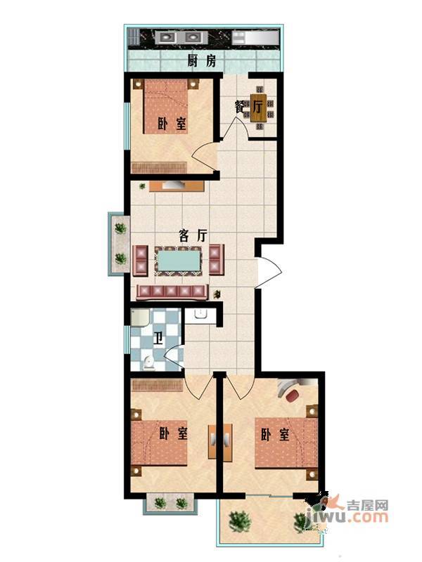 红全佳苑3室2厅1卫97.2㎡户型图