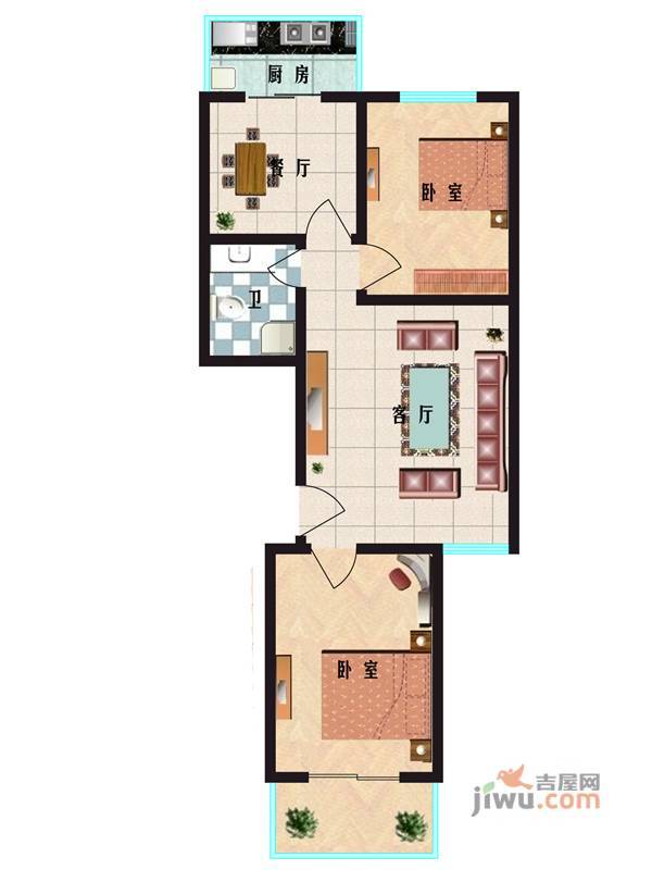 红全佳苑2室2厅1卫90.8㎡户型图