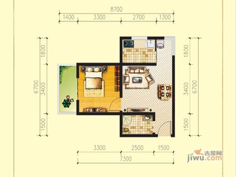 东方雅居1室2厅1卫49.7㎡户型图