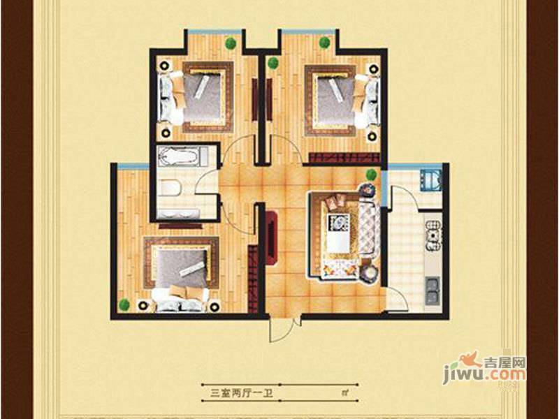 中茵滨河一号3室2厅1卫76.8㎡户型图