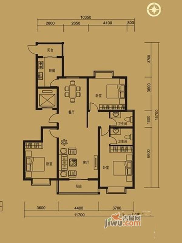 太原礼顿山2室2厅2卫162㎡户型图