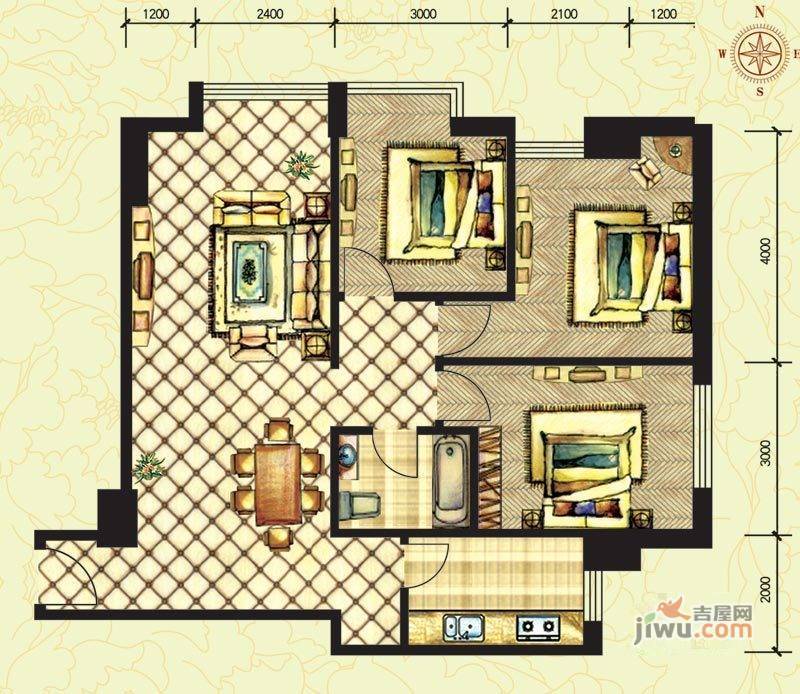 滨江花园3室2厅1卫105.3㎡户型图