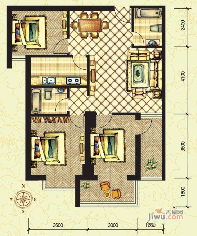 滨江花园3室2厅2卫113.3㎡户型图