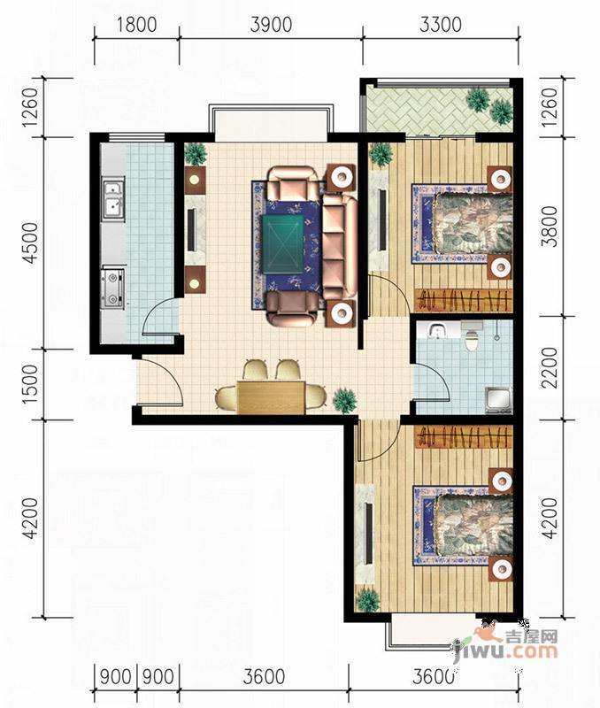 QQ新城2室2厅1卫92.2㎡户型图