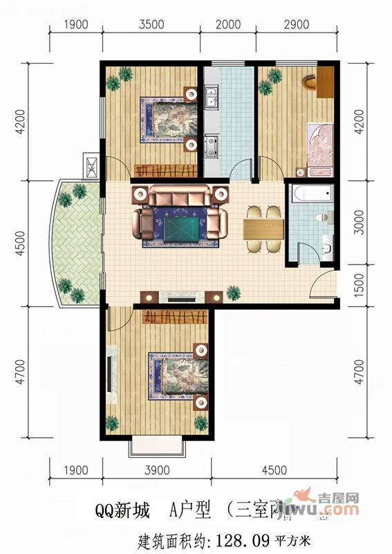 QQ新城3室2厅1卫128.1㎡户型图