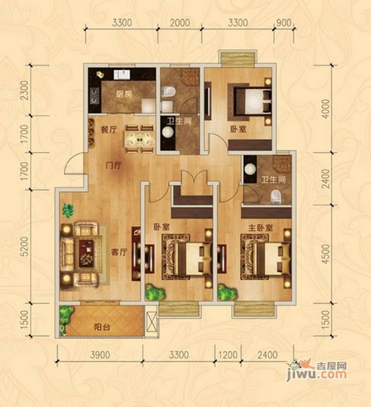 利民花园3室2厅1卫120㎡户型图