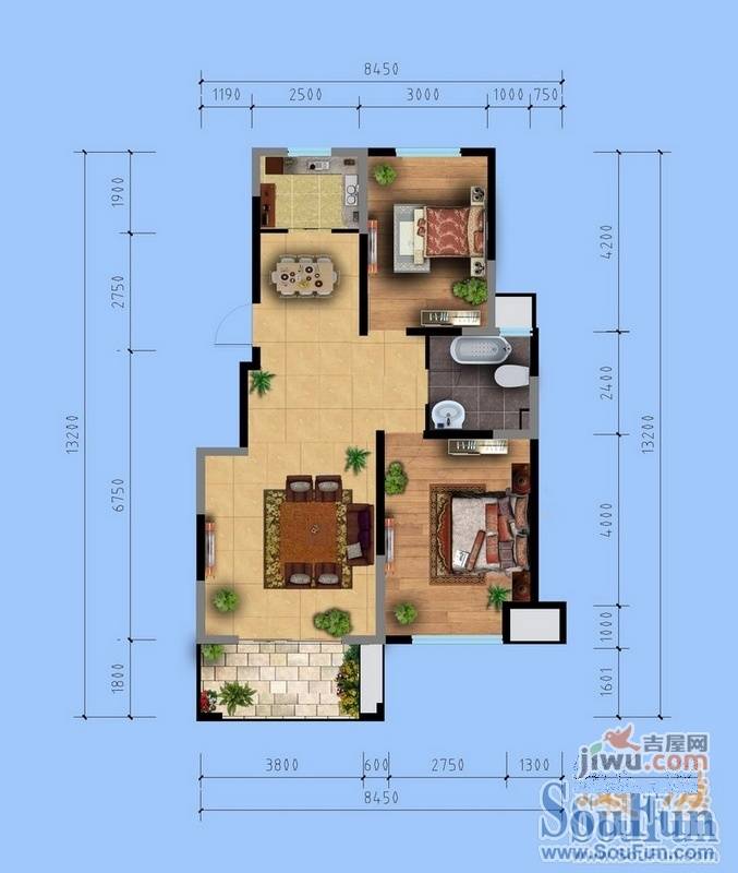 东南悦湖2室1厅1卫户型图