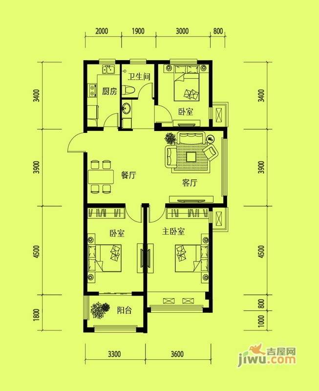 翡翠城3室2厅1卫105㎡户型图