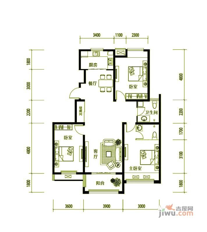 翡翠城3室2厅1卫124㎡户型图