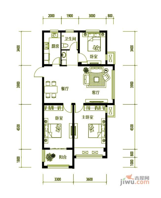 翡翠城3室2厅1卫105㎡户型图