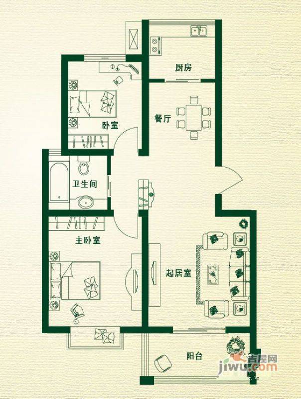 万豪绿城2室2厅1卫88㎡户型图