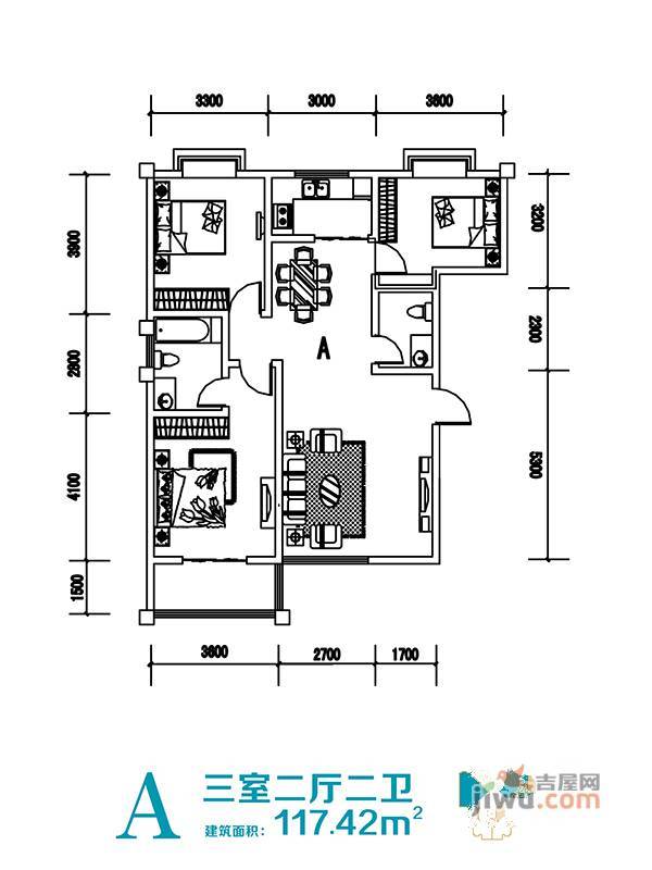 东大温泉1号3室2厅2卫117.4㎡户型图