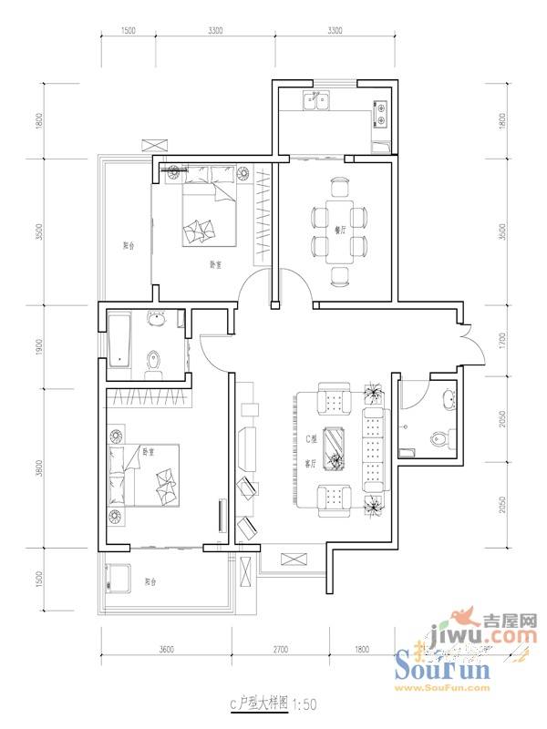 五桥幸福城2室2厅2卫户型图