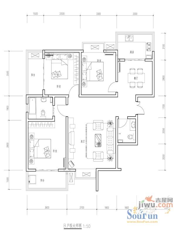 五桥幸福城3室2厅2卫户型图