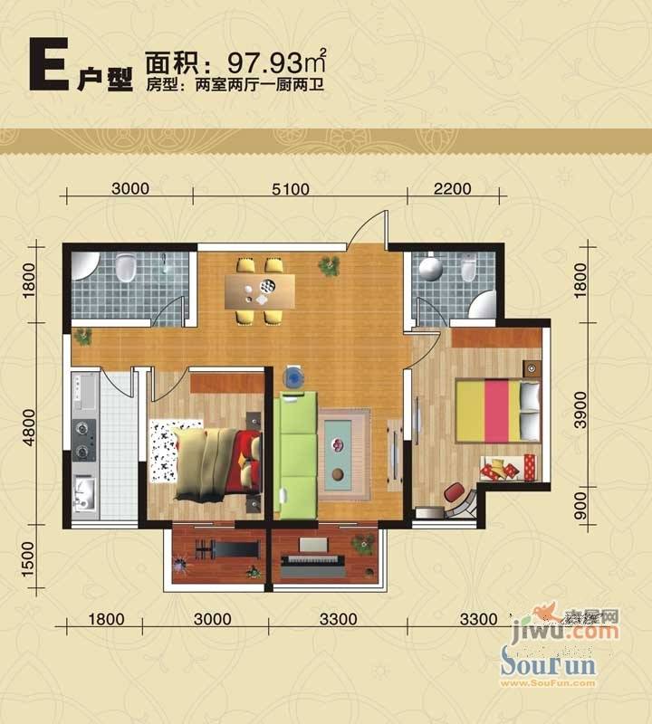 明林庭苑2室2厅2卫97.9㎡户型图