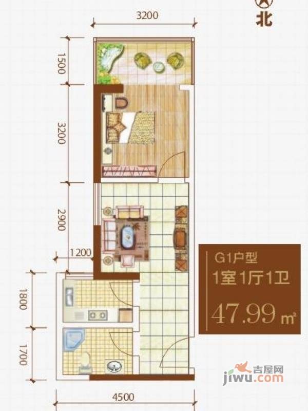 格兰逸境1室1厅1卫48㎡户型图