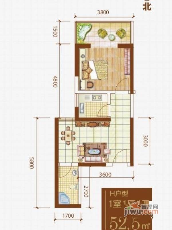 格兰逸境1室1厅1卫52.5㎡户型图