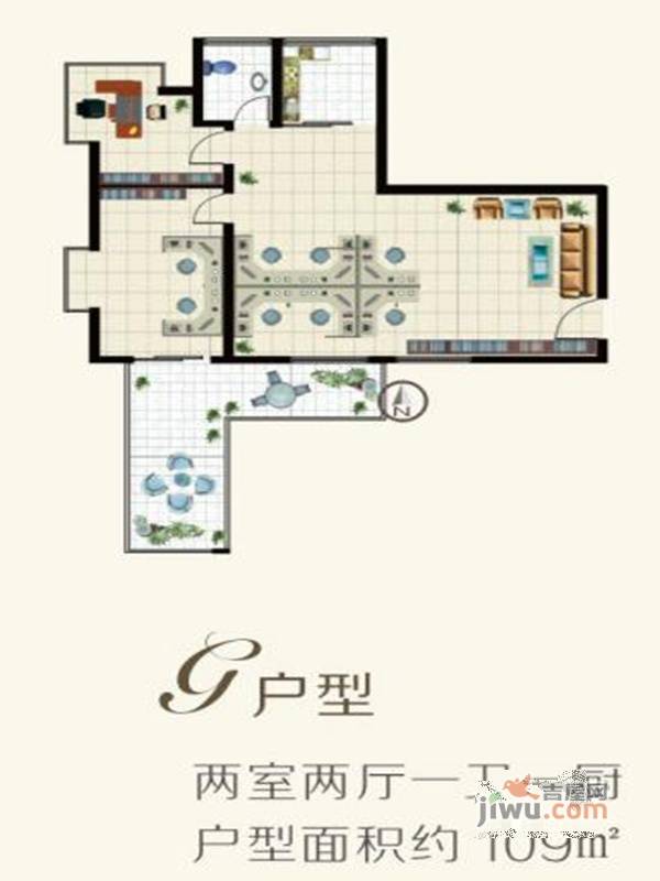 东方紫韵2室2厅1卫109㎡户型图