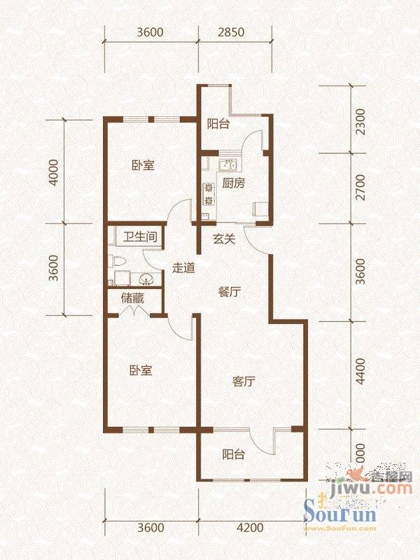 群力玫瑰湾2室2厅1卫114.8㎡户型图