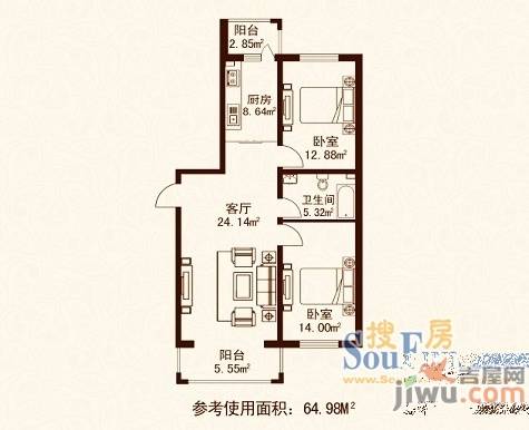 江城之珠2室1厅1卫65㎡户型图