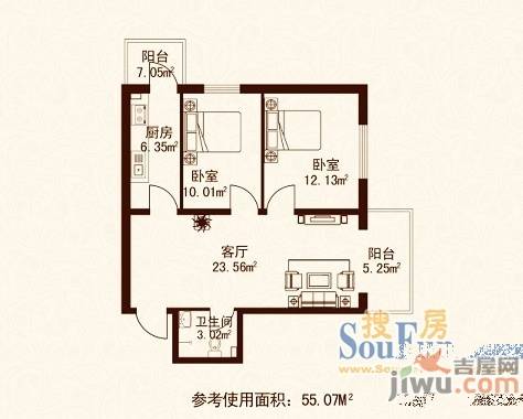 江城之珠2室1厅1卫55.1㎡户型图