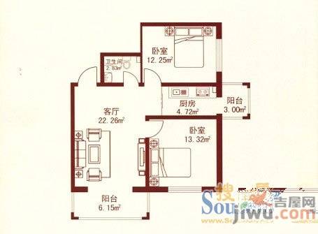 江城之珠2室1厅1卫55.4㎡户型图