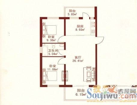 江城之珠2室1厅1卫60.8㎡户型图